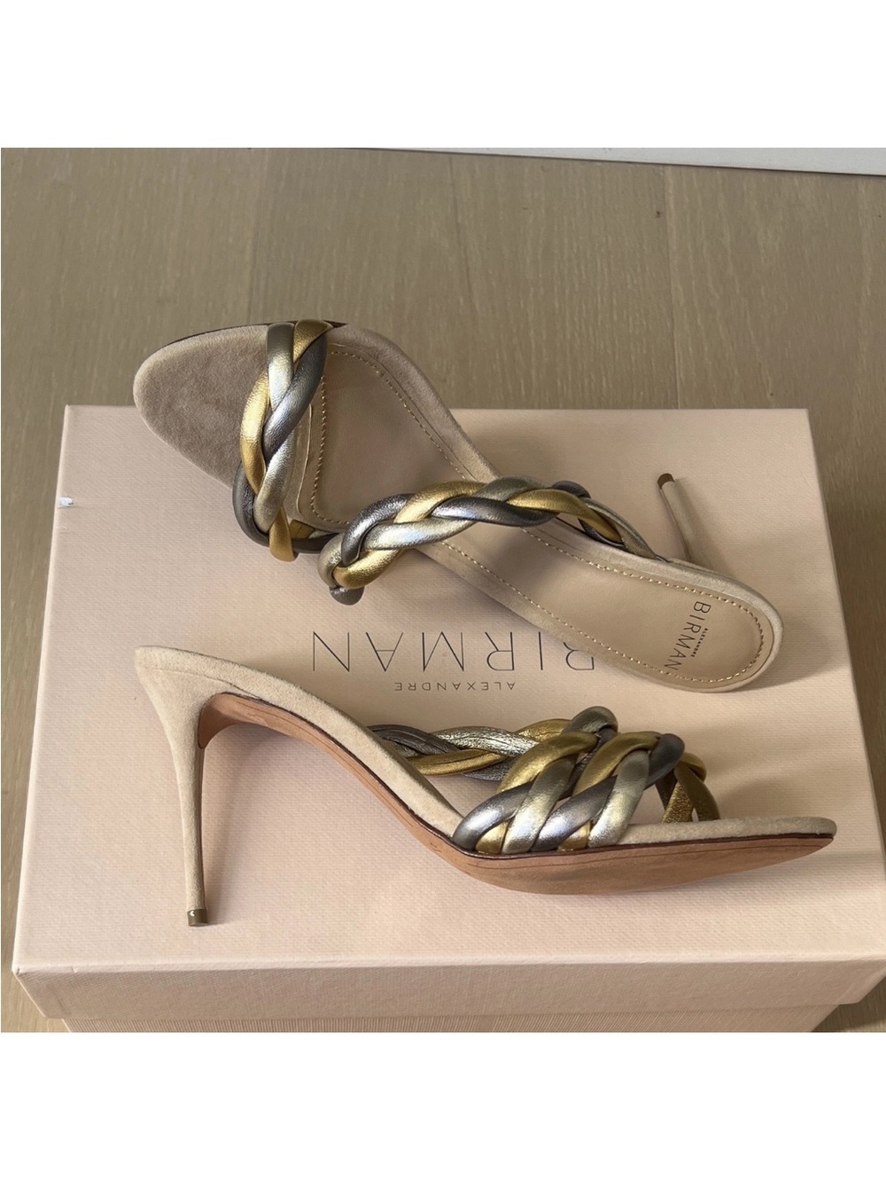 Alexandre Birman Selena Braided Strap Metallic Strappy Mule Heel Sandals EU 39